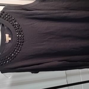 Black cotton&rayon sweater w,/ 3rolls faceted beads around neck peekaboo shoulde